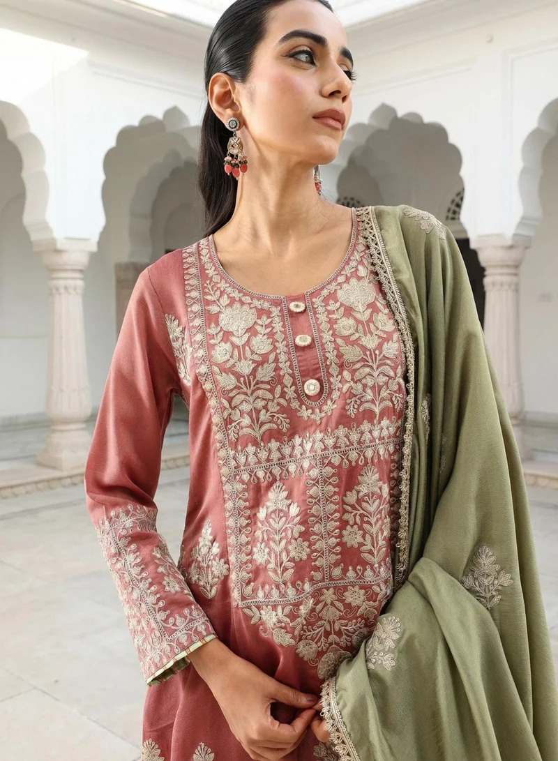 ISHIN  Rich Pink Vichitra Embroidered A Line Kurta sets with dupatta for Women | Best Price UAE